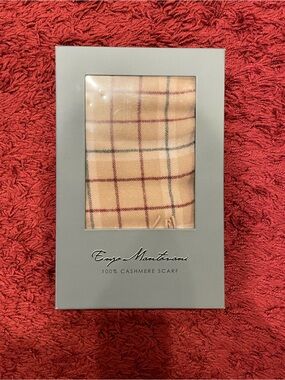 Enzo Mantovani 100% Cashmere Plaid Scarf Camel Tan 12x62 New in Box